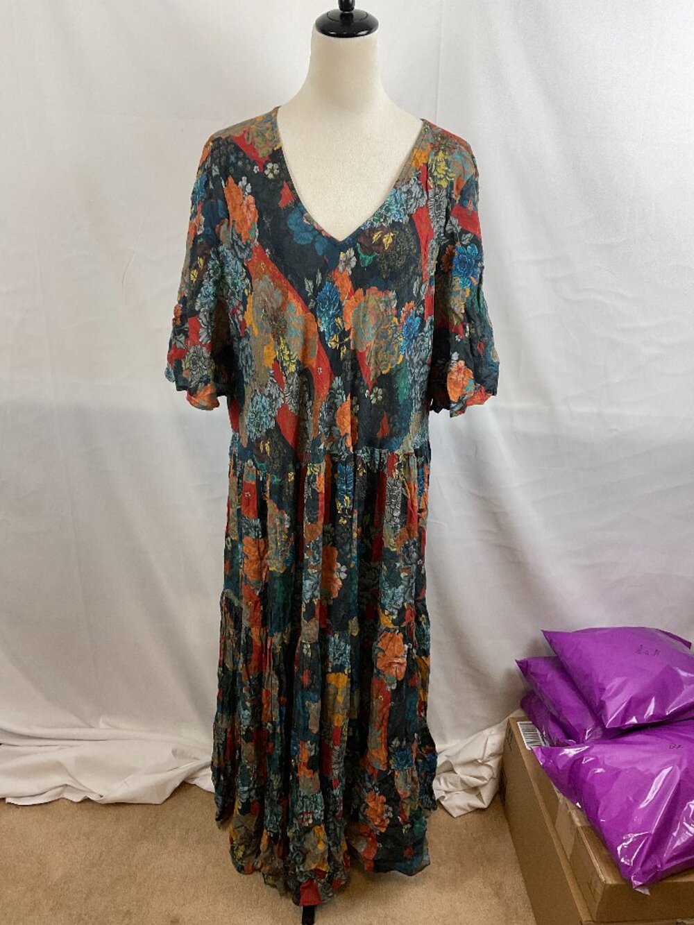 Soft Surroundings Dress 2X Black Red Orange Blue Green Floral Maxi Broomstick